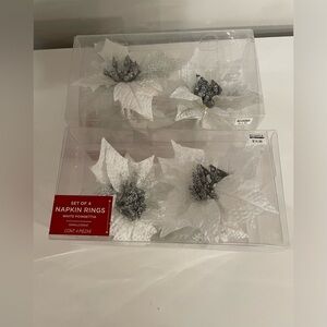 8 White & Silver Poinsettia napkin rings for Christmas table NIB